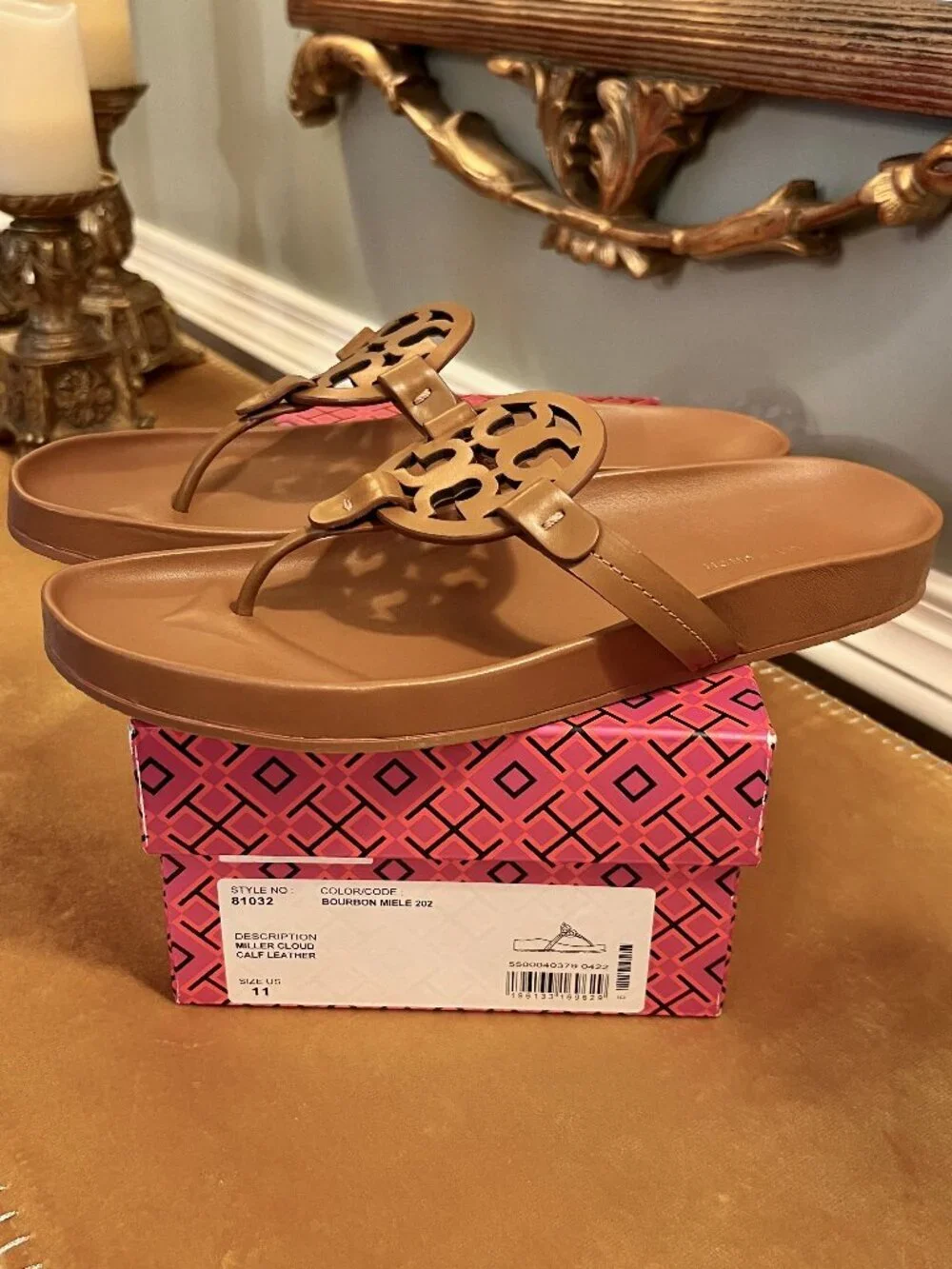 NIB Tory Burch Miller Cloud Thong Sandals Shoes in Bourbon Miele Honey Brown 11